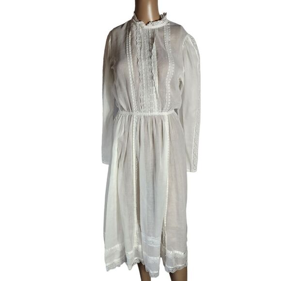 Gunne Sax White Lace 1970s White Prairie Wedding Lace Collar Satin Trim Dress - Picture 2 of 12